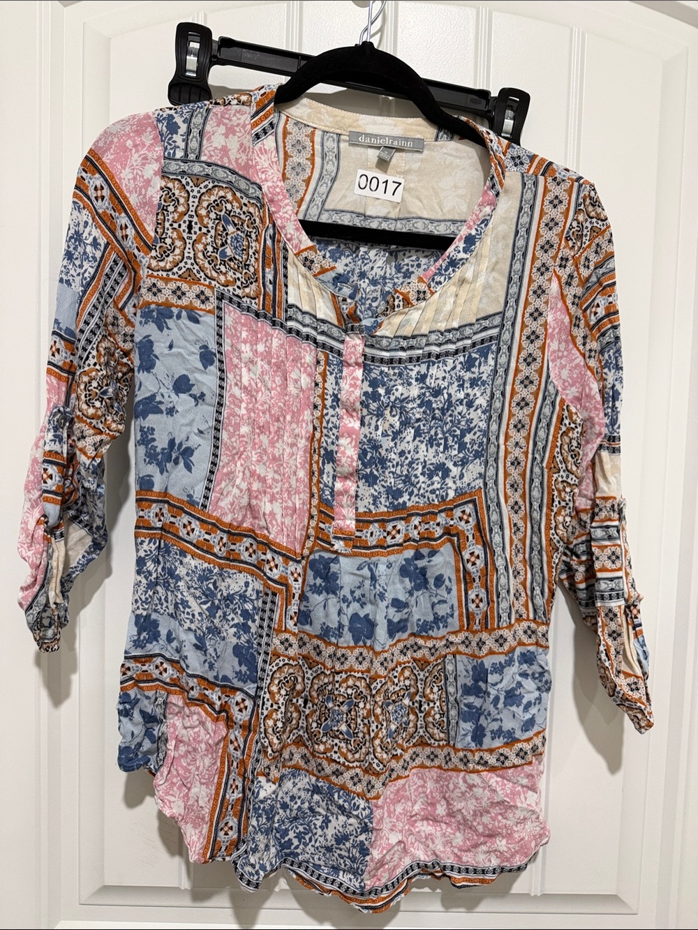 Daniel Rainn Patchwork Floral V-Neck Blouse in Blue, Pink, and Tan